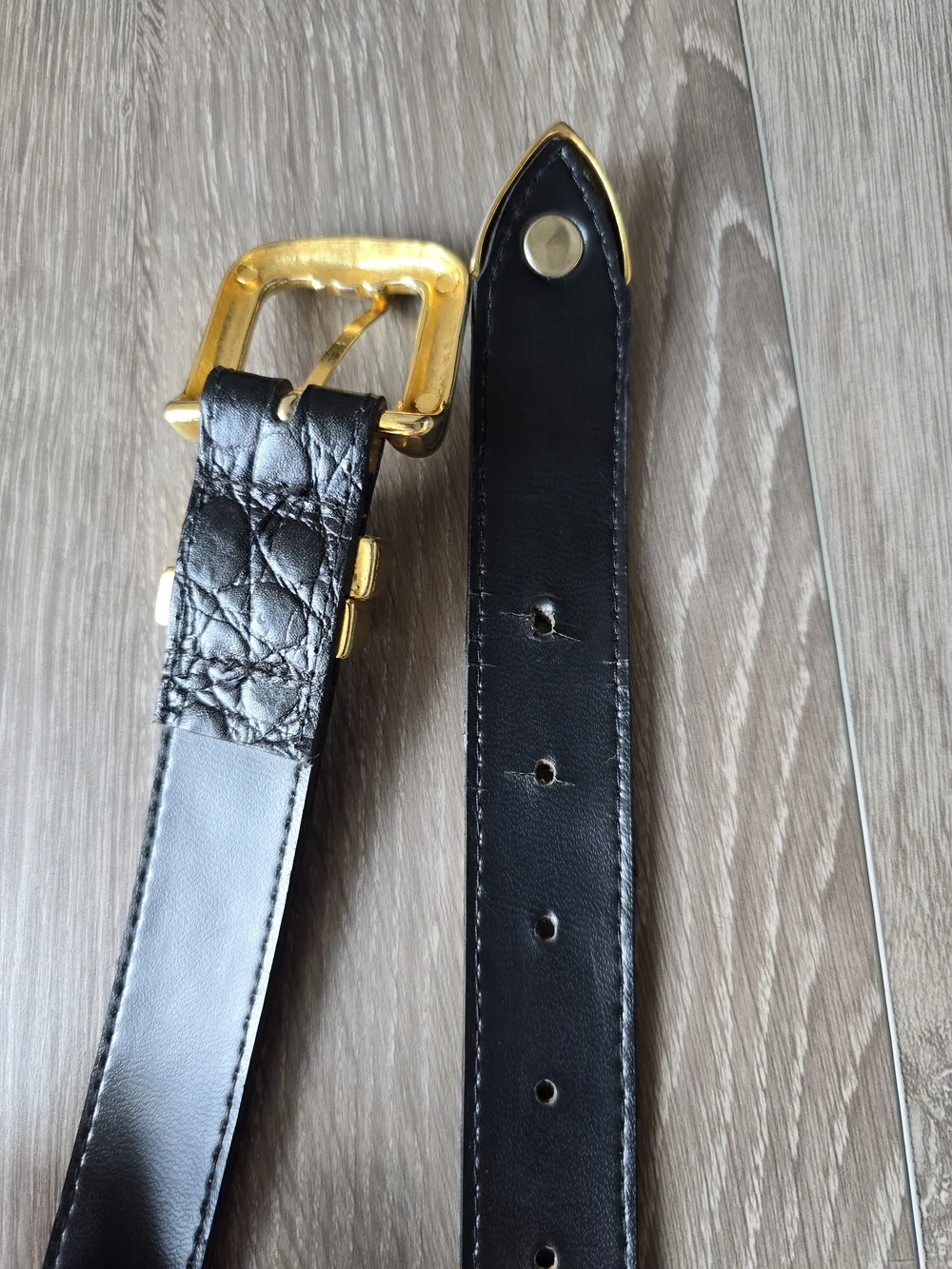 Vintage 90s Black Croc Embossed Leather Belt Chunky Gold Western Buckle USA M